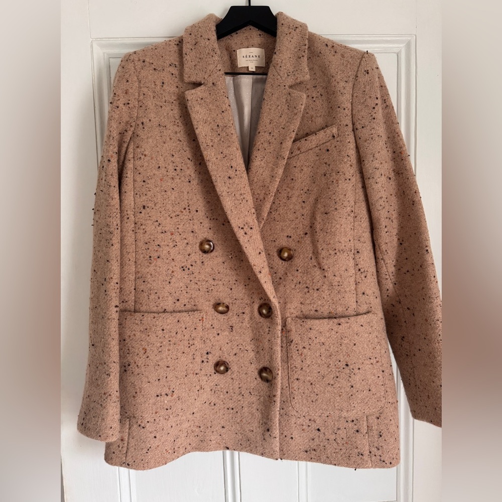 Sezane Speckled Beige Double-Breasted Wool Blazer